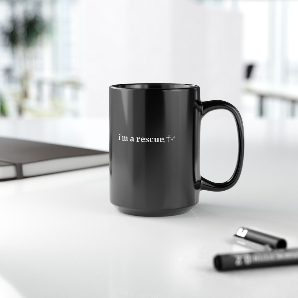 “i'm a Rescue” Inspirational Black Ceramic Mug – 15oz Coffee Cup for Everyday Encouragement